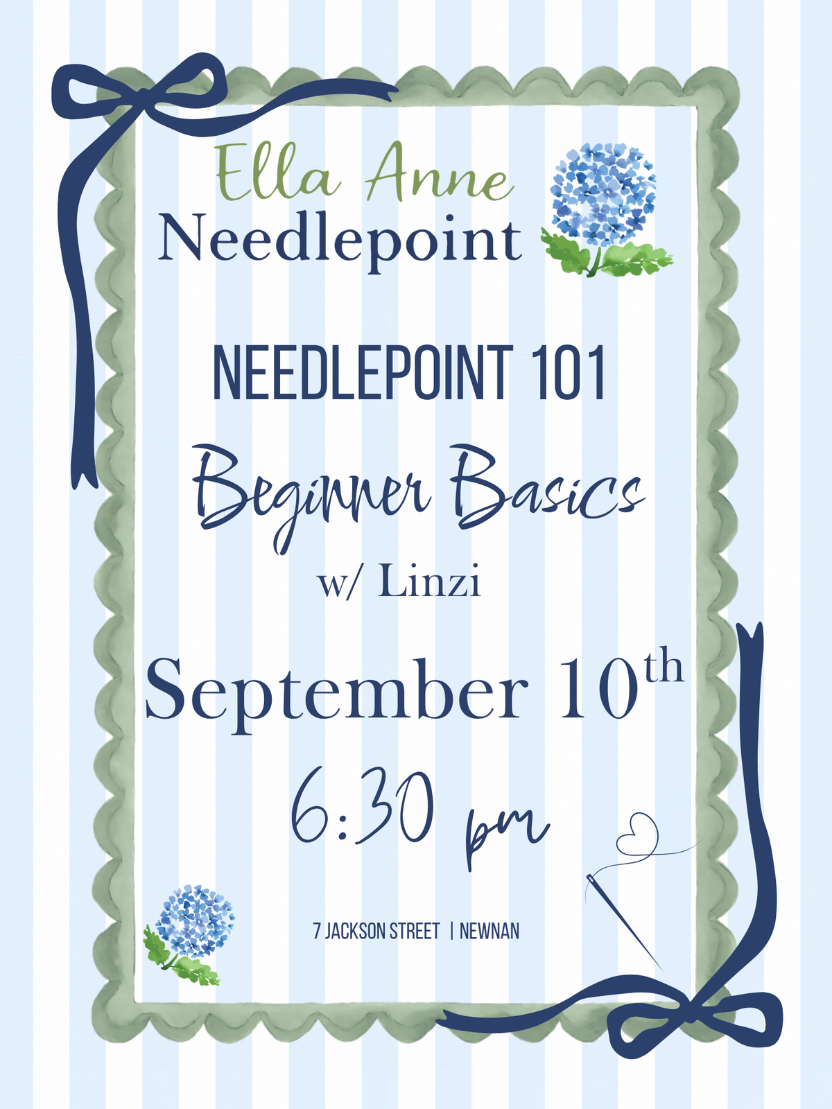 Needlepoint 101: Beginner Basics Class w/ Linzi September 10th at 6:30PM