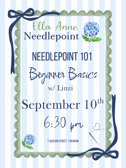 Needlepoint 101: Beginner Basics Class w/ Linzi September 10th at 6:30PM
