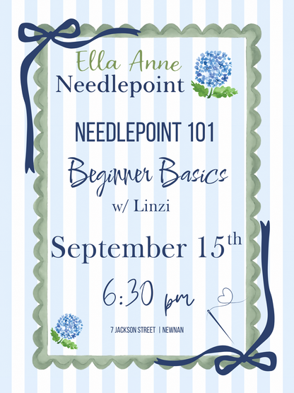 Needlepoint 101: Beginner Basics Class w/ Linzi September 15th at 6:30PM